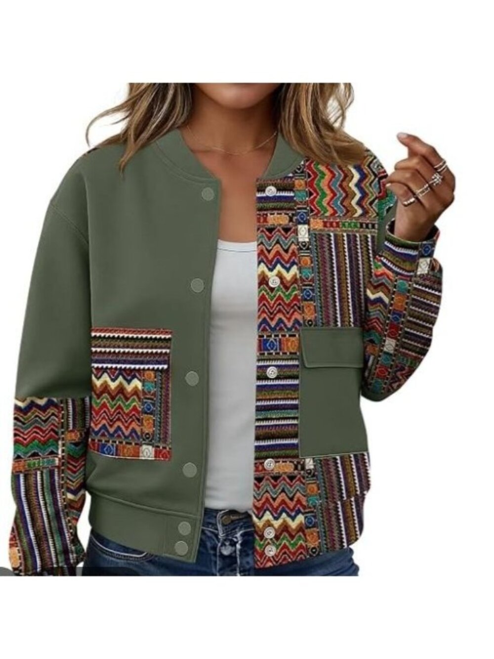 ETCYYNEW Jacket Multicolor Patchwork Snap Closure Large Green New